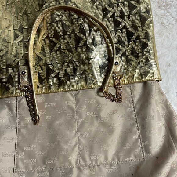 MICHAEL KORS LEATHER MEDIUM TOTE BAG GOLD COLOR MONOGRAM - Picture 14 of 15